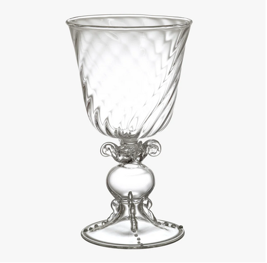 Clear glass goblet with decorative base on a white background, Jean Boggio Tentations Wine Glass – WAWW – Maison Holder