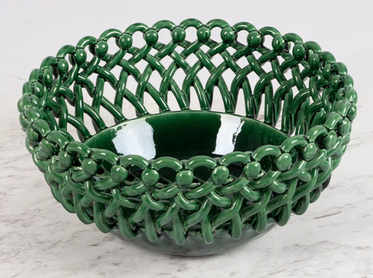 Green woven ceramic bowl on a marble surface, Giant Woven Basket – Handmade Decorative Basket – Maison Pichon