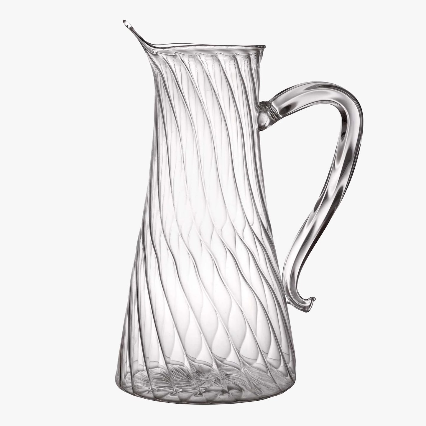 Clear glass pitcher with wavy design on a white background, Nabucho Water Carafe – Elegant Mouth-Blown Glass – Maison Holder