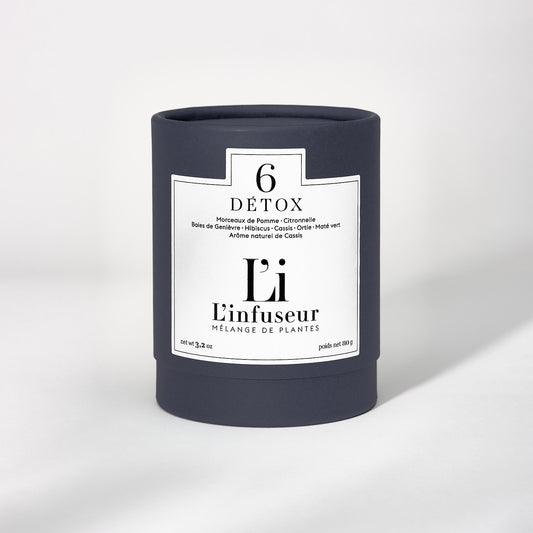 Candle labeled '6 Détox' by 'L'Infuseur' on a white background, Herbal Tea Detox N°6 by L'Infuseur – Hibiscus & Blackcurrant