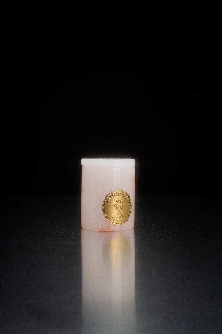 Candle with a gold emblem on a black background, Rose Onyx Candle – Venetico Marina Marble Candle – Maison Holder