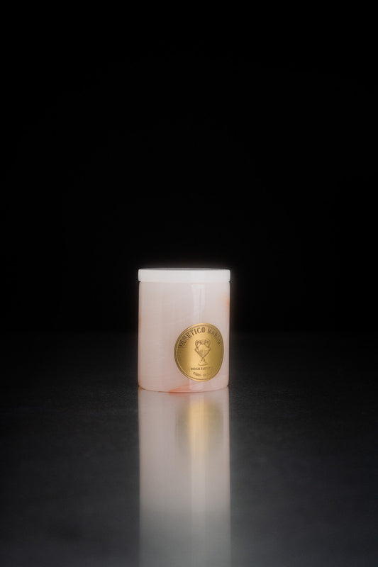 Candle with a gold emblem on a black background, Rose Onyx Candle – Venetico Marina Marble Candle – Maison Holder