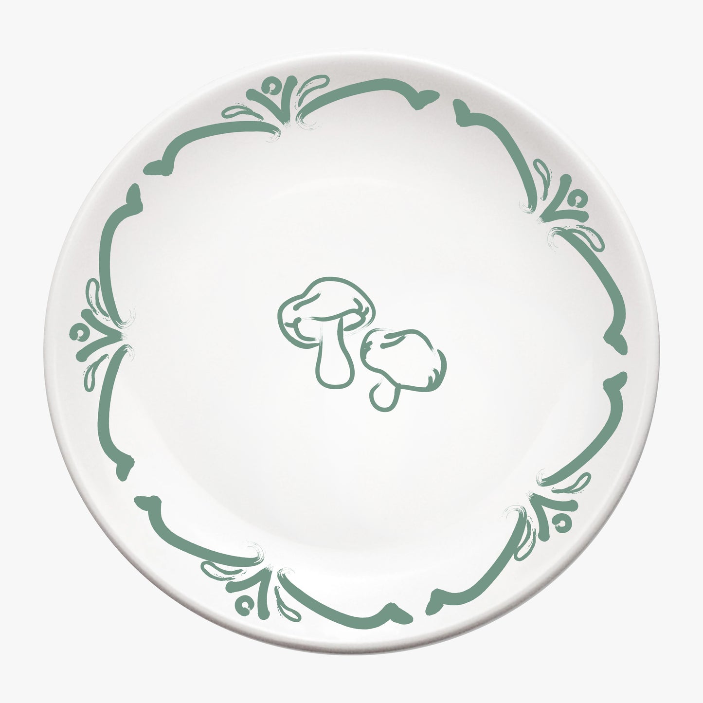 White plate with green decorative border and mushroom design on a white background, waww