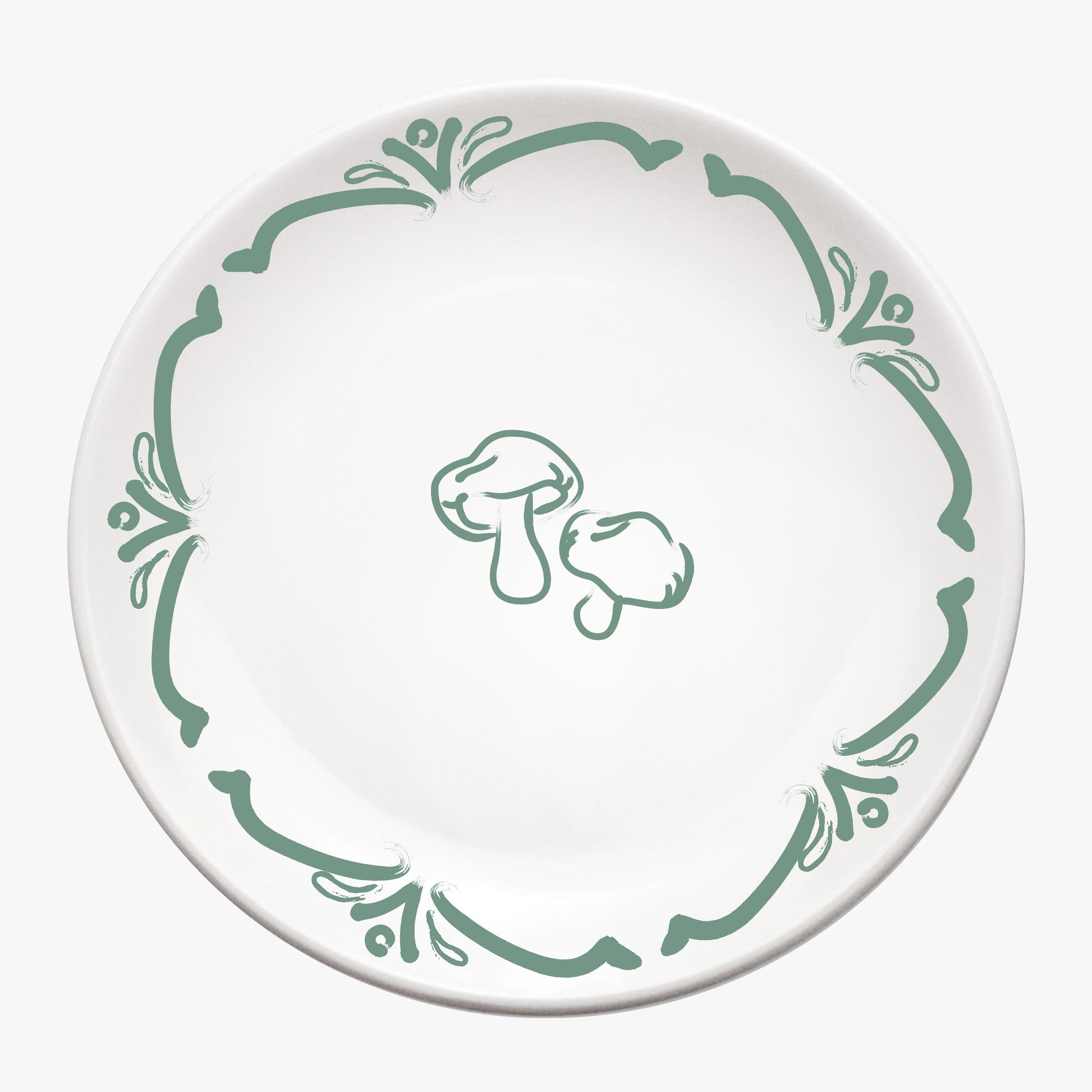 White plate with green decorative border and mushroom design on a white background, waww