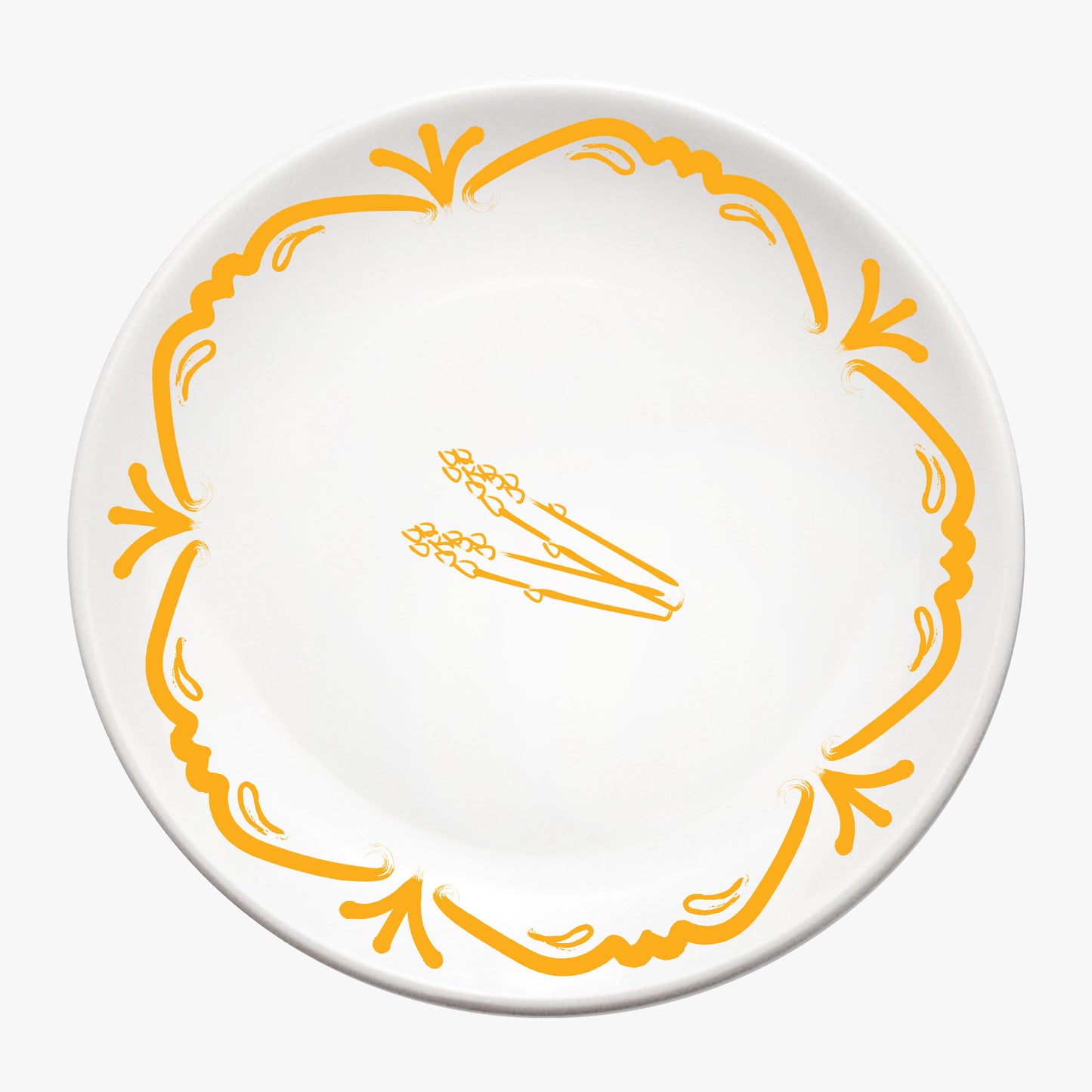 White plate with yellow decorative border and central design on a white background, waww