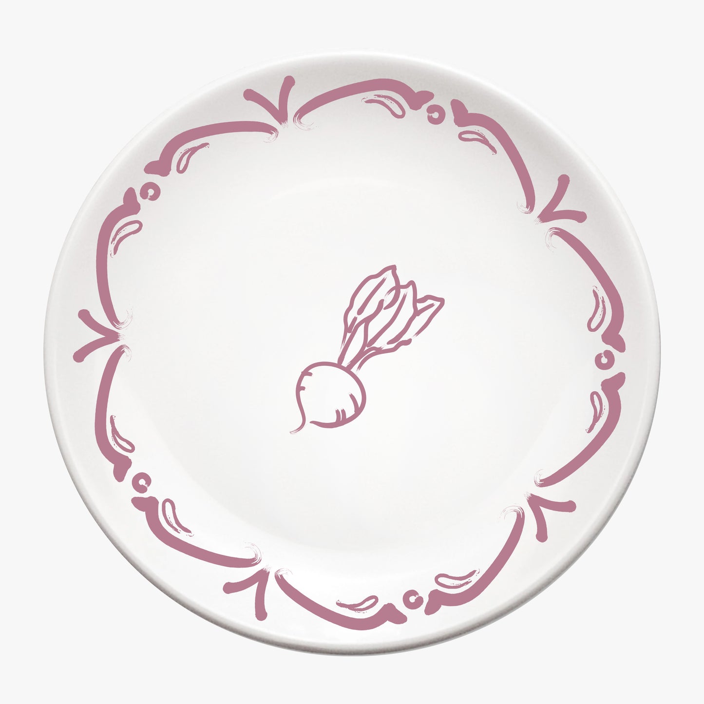 White plate with pink decorative border and central design on a white background, waww
