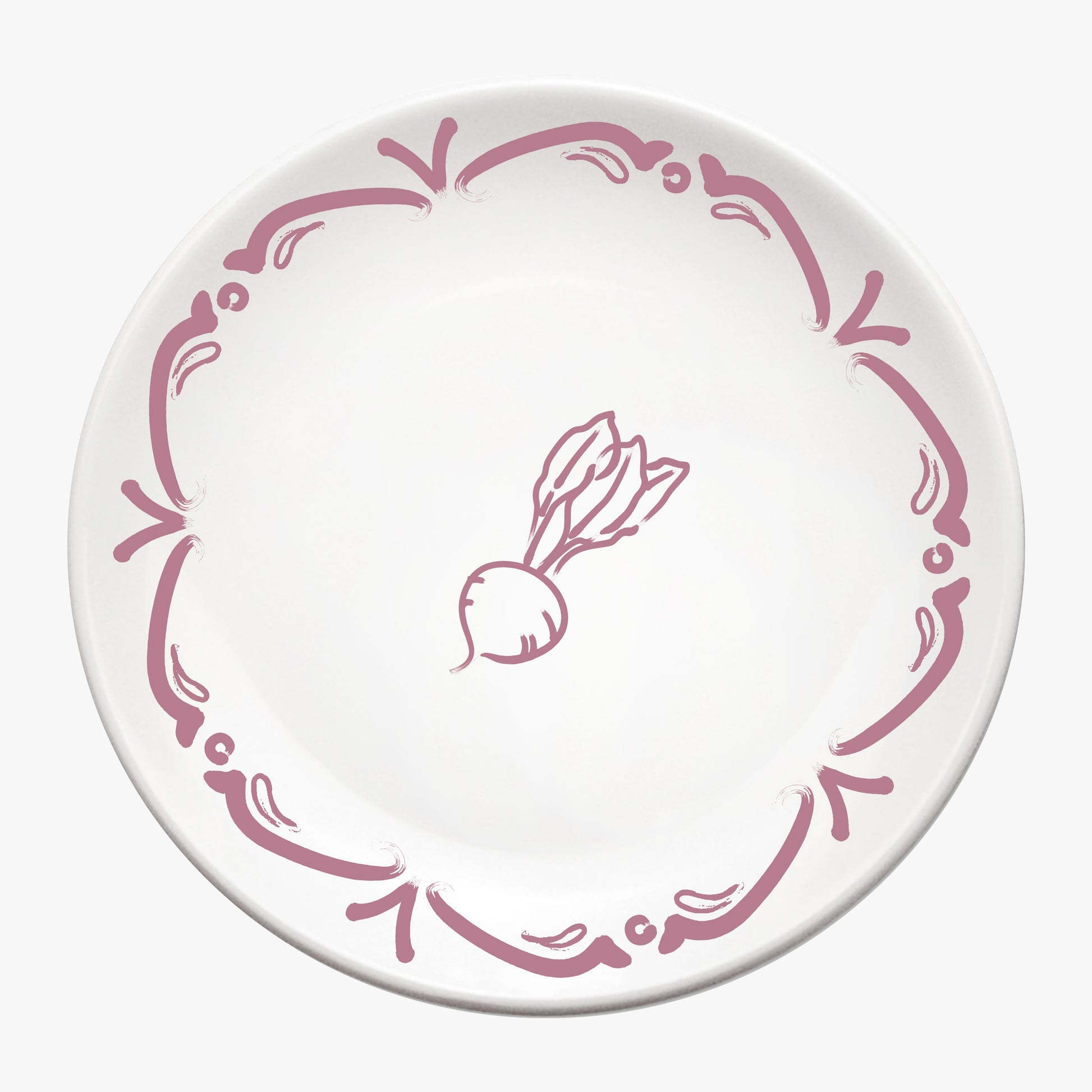 White plate with pink decorative border and central design on a white background, waww