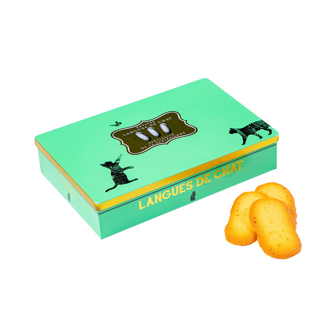 Green box of 'Langues de Chat' cookies with cookies displayed on a white background, Cat’s Tongue Tin – Classic French “Langue de Chat” – Maison Holder