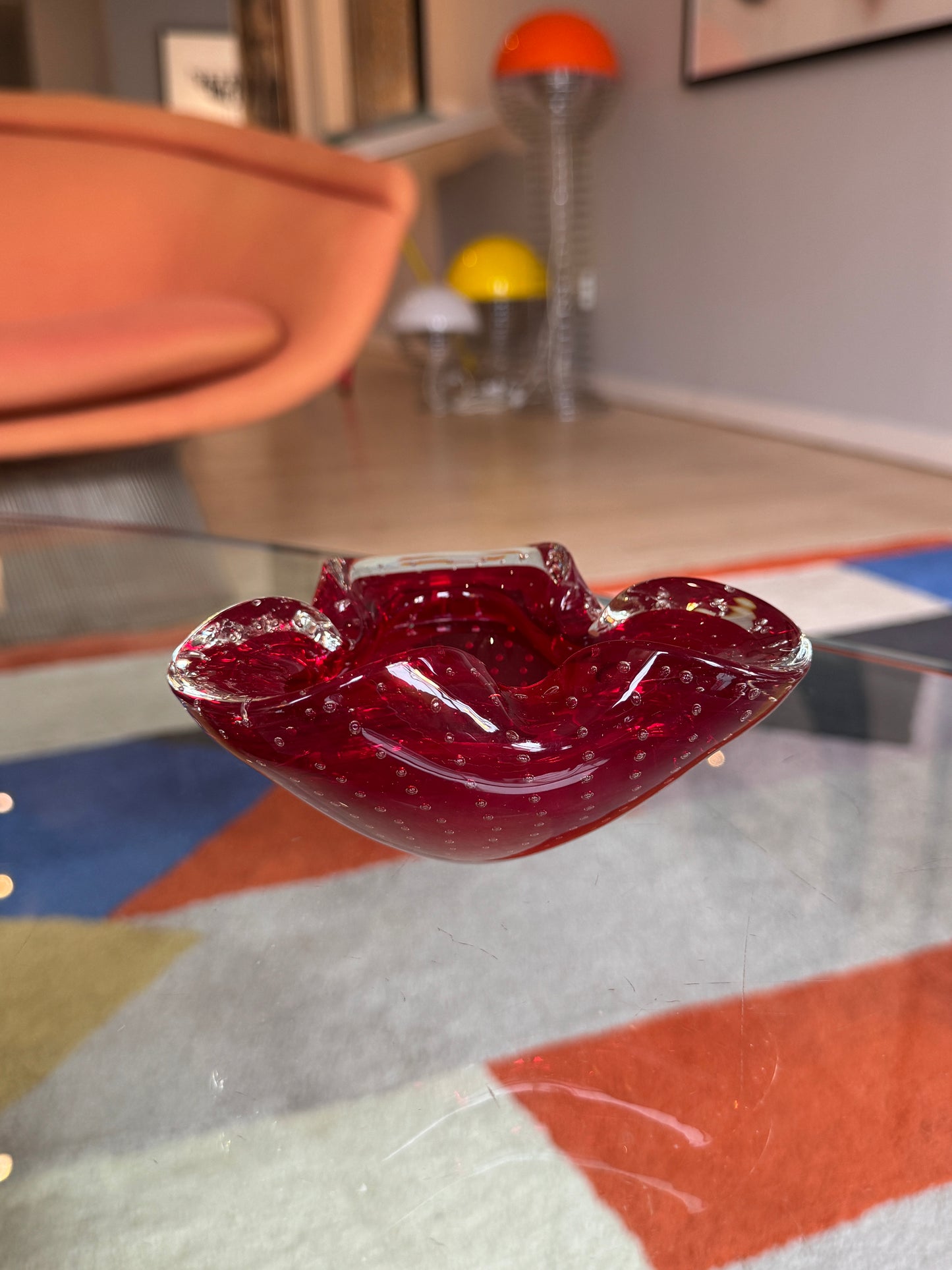 Murano Bullicante Ruby Red Glass Bowl, Italy, 1960s