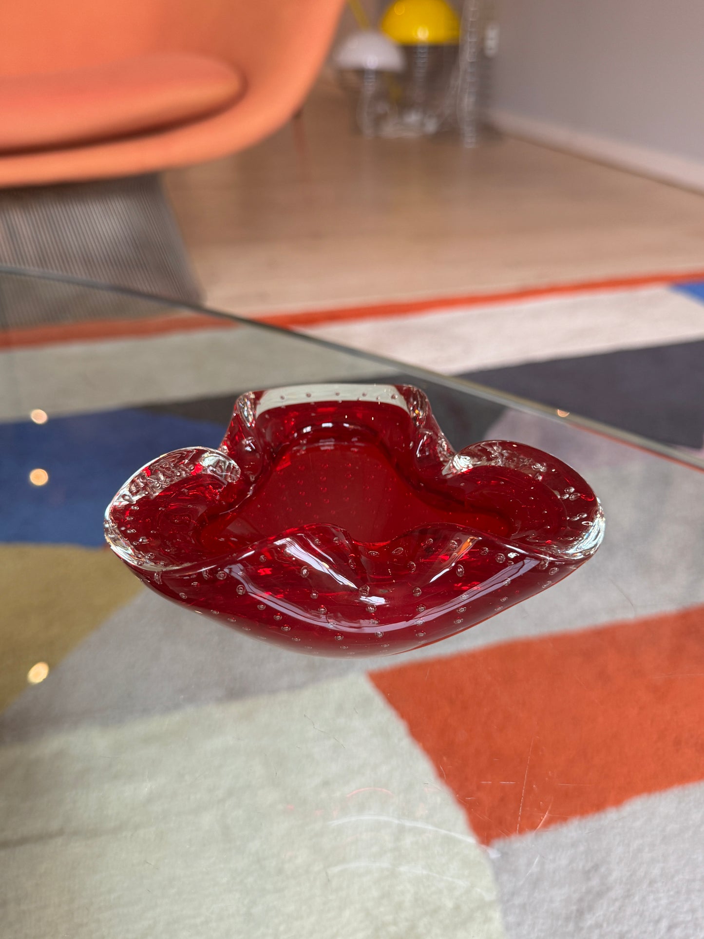 Murano Bullicante Ruby Red Glass Bowl, Italy, 1960s