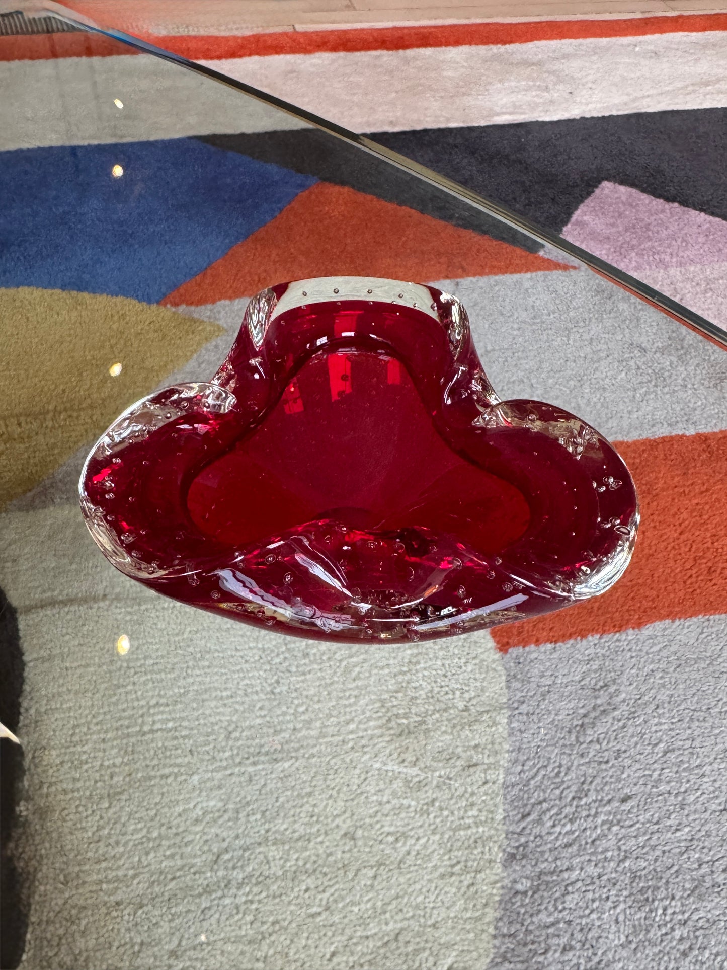 Murano Bullicante Ruby Red Glass Bowl, Italy, 1960s