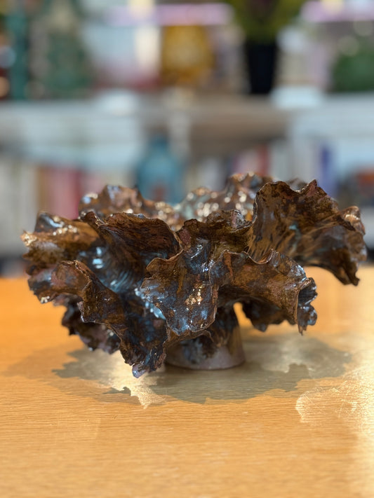 Decorative rock-like sculpture on a wooden surface with a blurred background, Large Vase Choux – Handmade Ceramic – Nathalie Reignault Sann