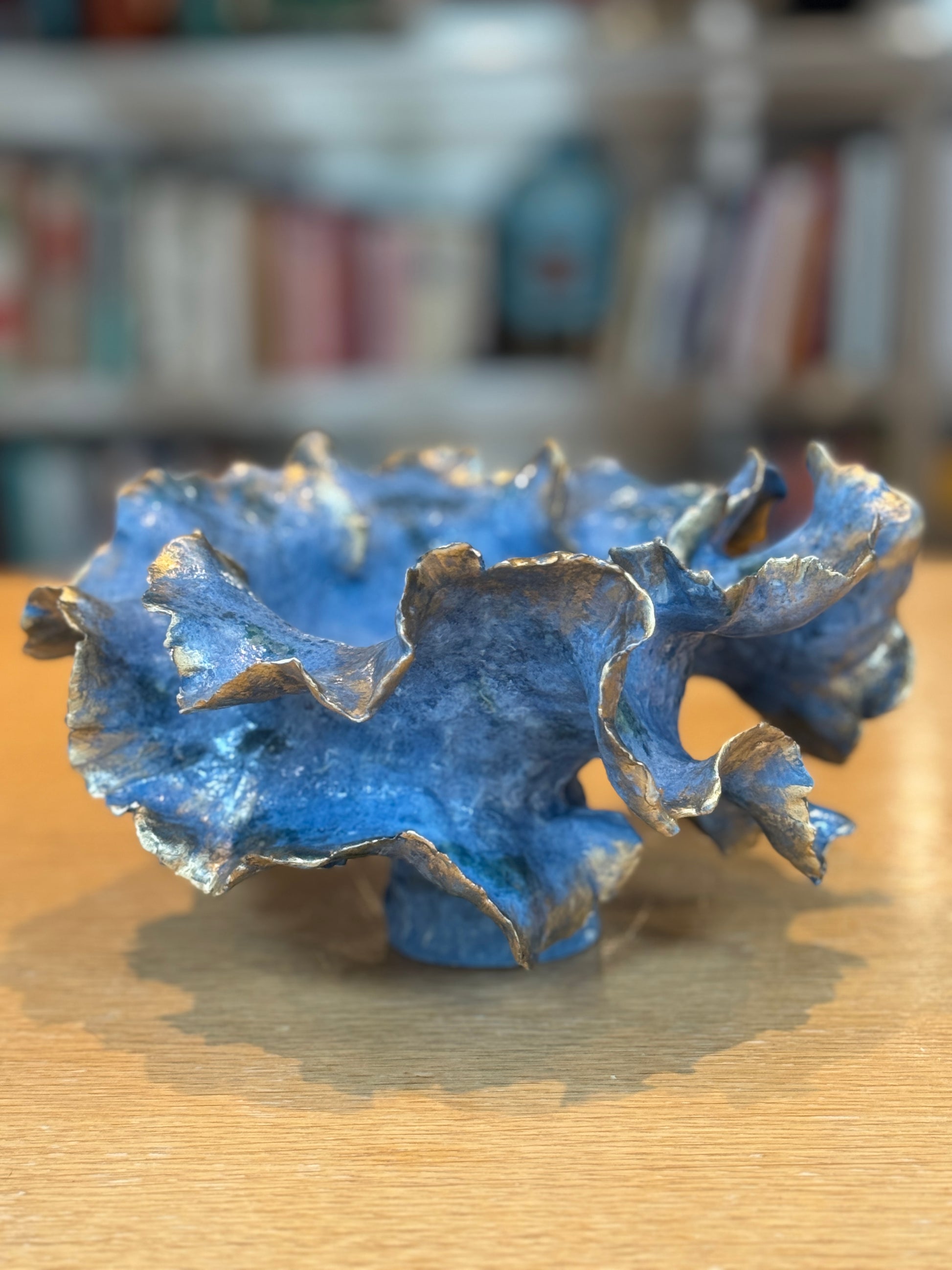 Blue ceramic bowl with a textured surface on a wooden surface, Large Choux Handmade Ceramic Vase - Nathalie Reignault Sann