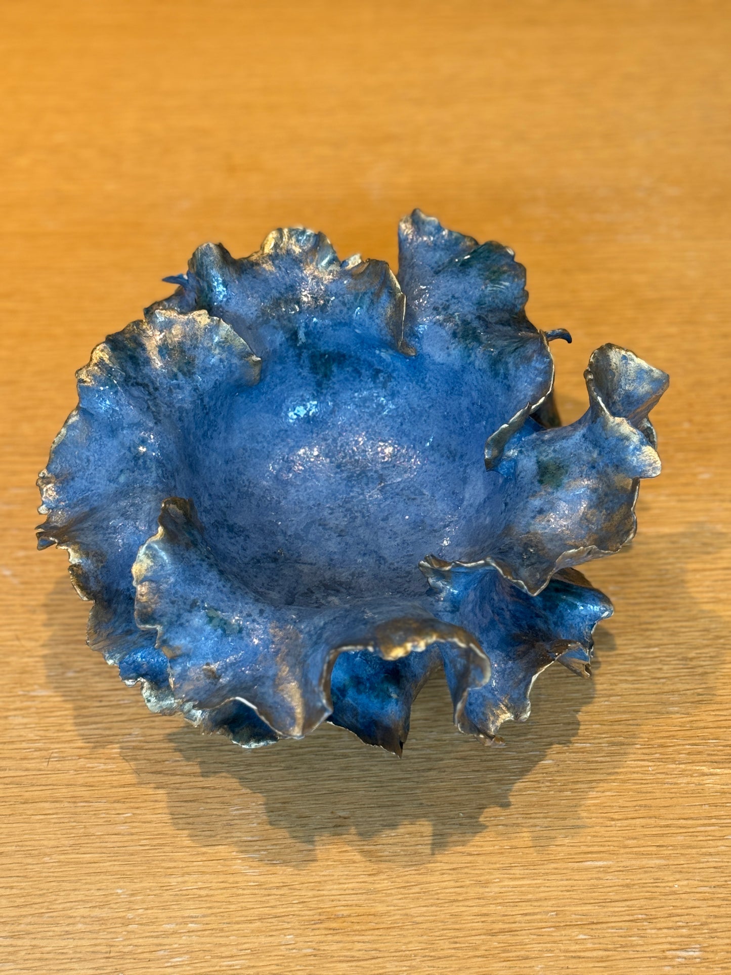 Blue decorative bowl with leaf-like edges on a wooden surface, Large Choux Handmade Ceramic Vase - Nathalie Reignault Sann