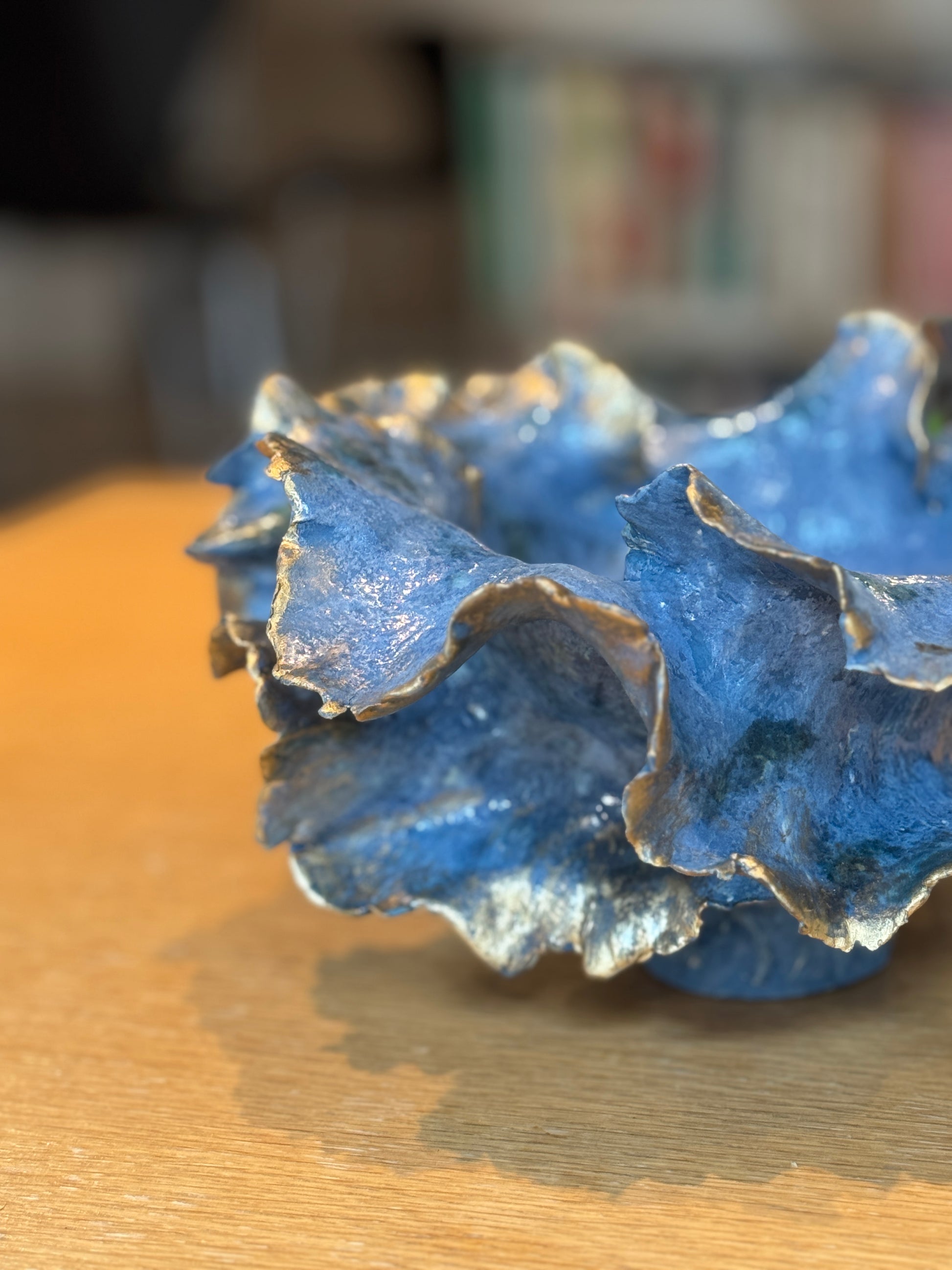 Blue ceramic leaf-shaped object on a wooden surface, Large Choux Handmade Ceramic Vase - Nathalie Reignault Sann