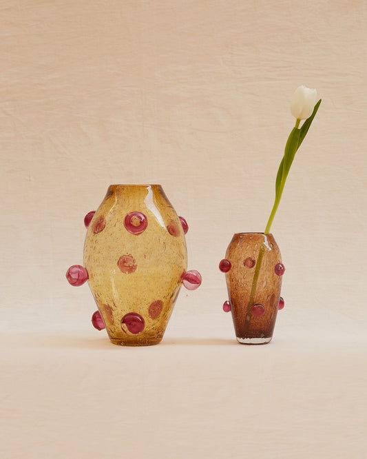 Two glass vases with red and gold accents on a beige background, Small Coral Vase – Sophie Lou Jacobsen Glass Vase – Maison Holder