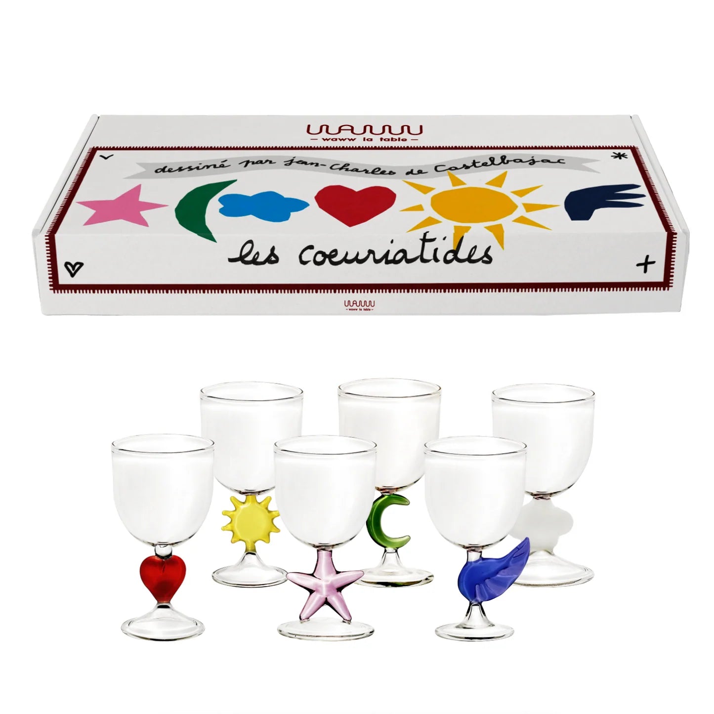 Set of six decorative glass tumblers with colorful designs in a branded box. Set of 6 Wine Glasses – JCDC WAWW – Maison Holder