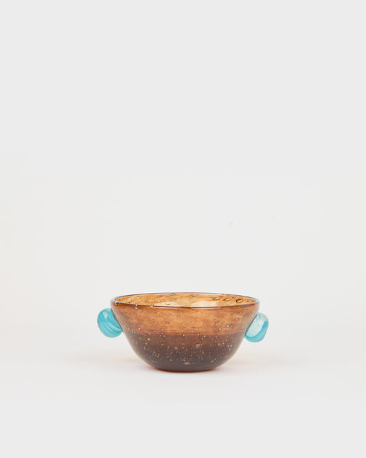 Brown ceramic bowl with blue handles on a white background, Poppy Cup – La Romaine Editions Bubble Glass – Maison Holder