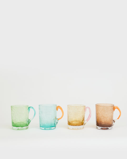 Four gradient-colored mugs on a white background, Artisanal Bubble-Glass Mug – La Romaine Editions – Maison Holder