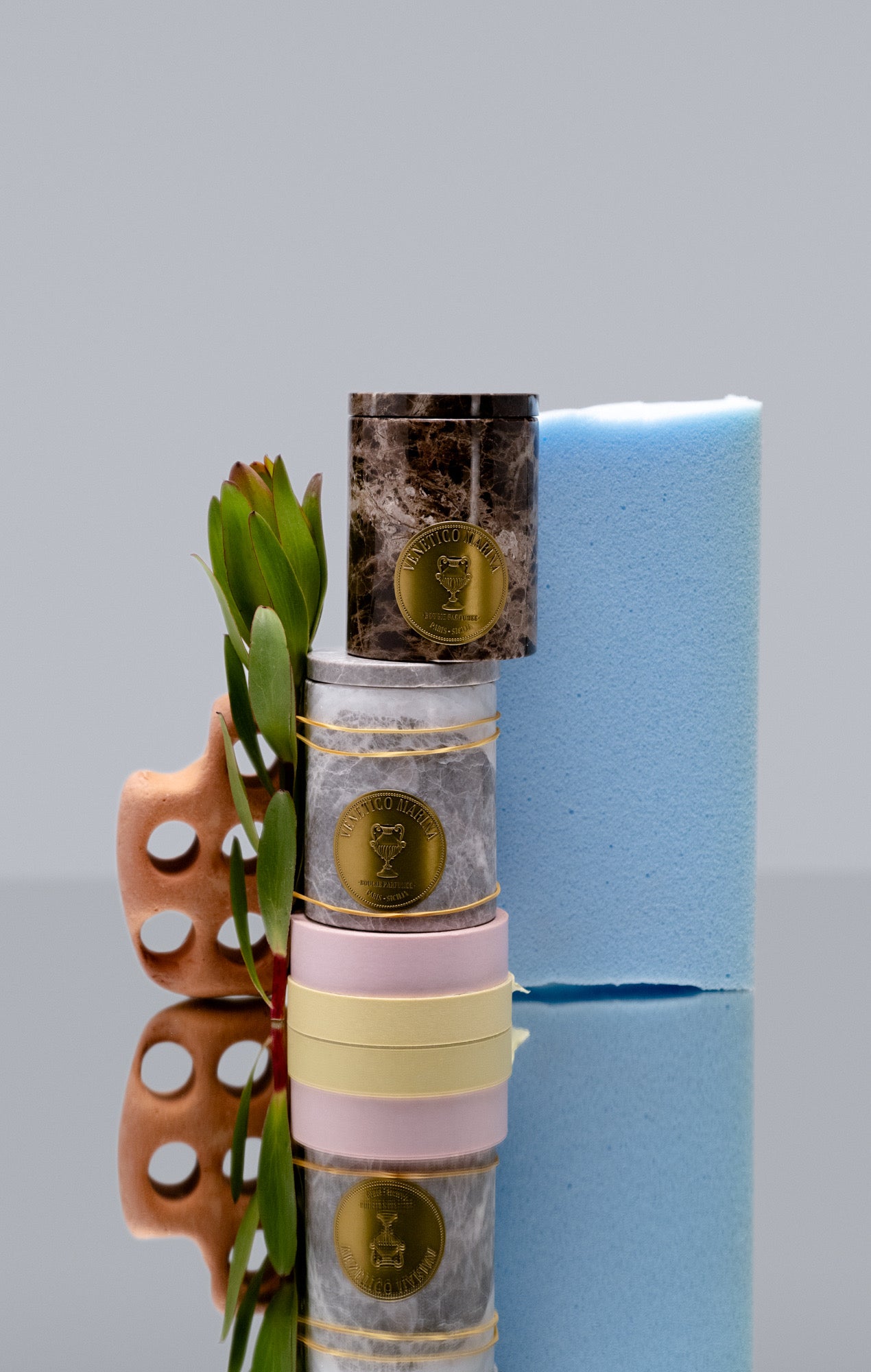 Decorative vase with gold coins and a plant against a light blue background. Salina Marble Candle – Maison Holder Luxury Scented Marble