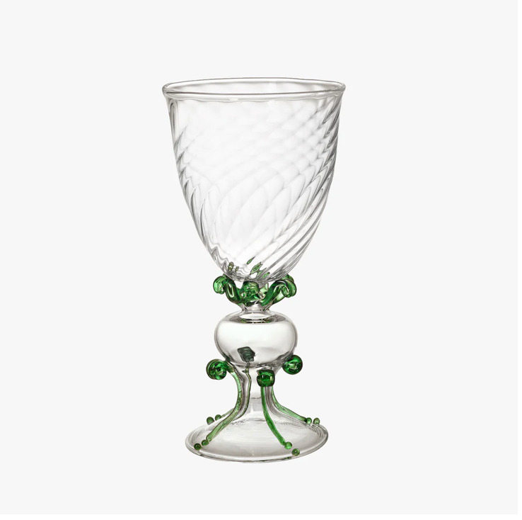 Clear glass goblet with green decorative elements on a white background, Jean Boggio Tentations Wine Glass – WAWW – Maison Holder