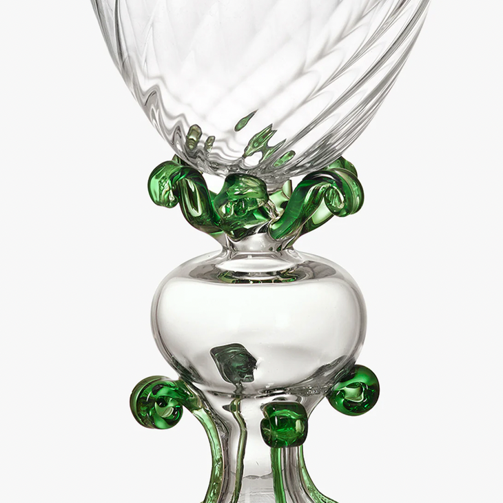 Clear glass vase with green decorative elements on a white background, Jean Boggio Tentations Wine Glass – WAWW – Maison Holder