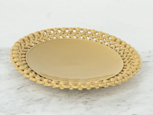 Beige ceramic plate with woven rim on a marble surface, Meleia Service Flat Plate – Handmade Ceramic – Maison Pichon