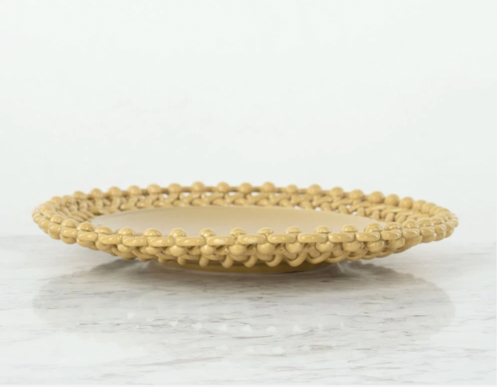 Woven beige plate on a white marble surface, Meleia Service Flat Plate – Handmade Ceramic – Maison Pichon