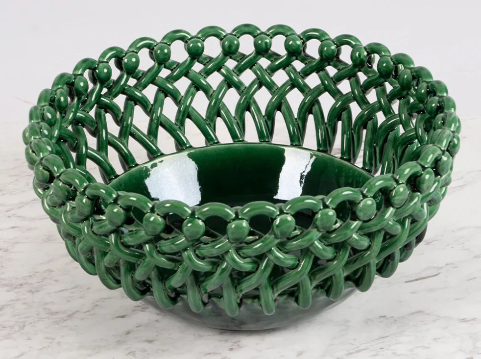 Green woven ceramic bowl on a marble surface, Giant Woven Basket – Handmade Decorative Basket – Maison Pichon