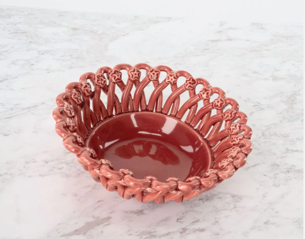Decorative pink ceramic bowl with intricate patterns on a marble surface, Iconic Bread Basket – Maison Pichon