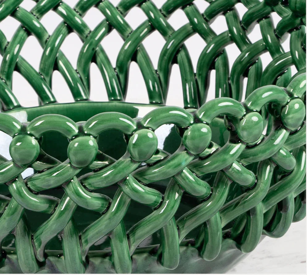 Close-up of a green woven basket on a white background, Giant Woven Basket – Handmade Decorative Basket – Maison Pichon