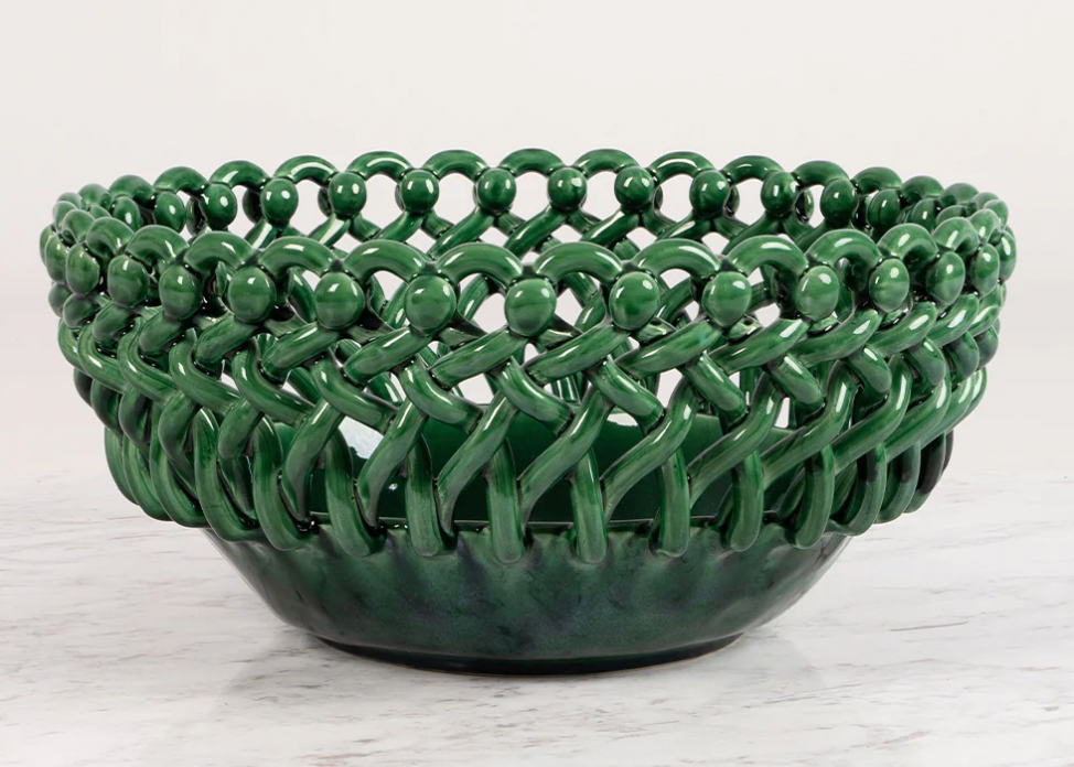Green woven ceramic bowl on a light wooden surface, Giant Woven Basket