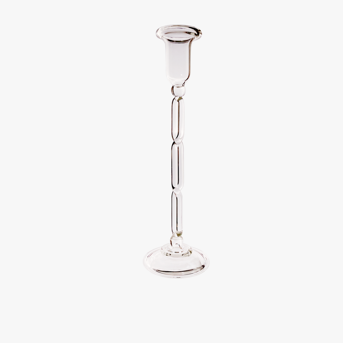 Clear glass vase with a narrow neck and wide base on a white background Infinity Large Candle Holder – Sculptural Glass Art – Maison Holder