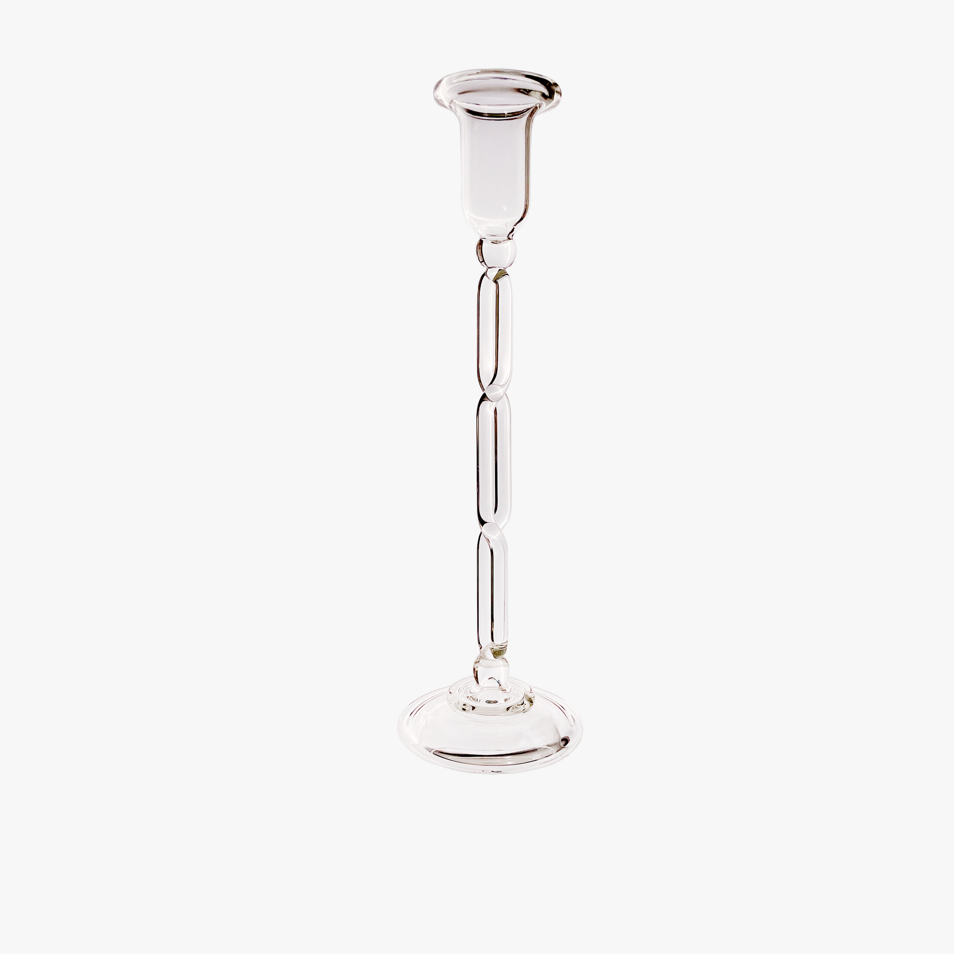 Clear glass vase with a narrow neck and wide base on a white background Infinity Large Candle Holder – Sculptural Glass Art – Maison Holder