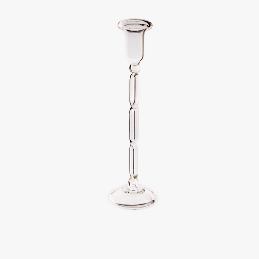 Clear glass vase with a narrow neck and wide base on a white background Infinity Large Candle Holder – Sculptural Glass Art – Maison Holder