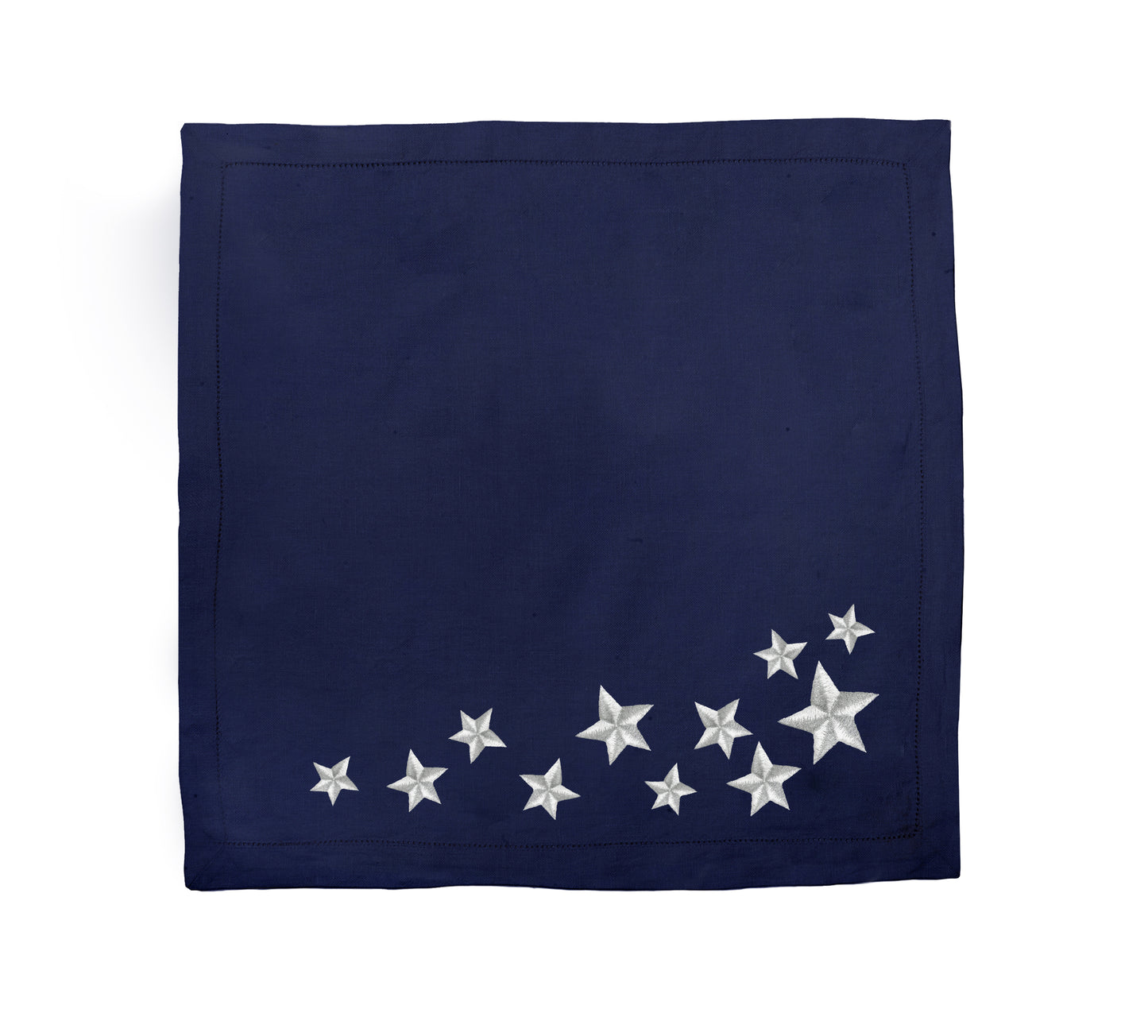 Navy blue fabric with silver stars on a white background, Lucky Stars Linen Tablecloth – Hand Embroidered – Maison Holder
