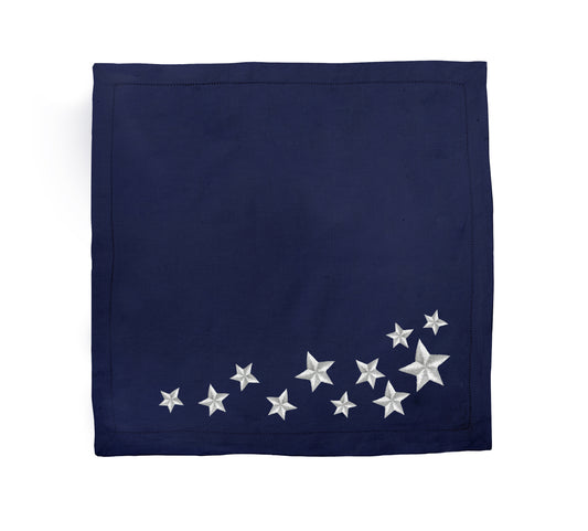 Navy blue fabric with silver stars on a white background, Lucky Stars Linen Tablecloth – Hand Embroidered – Maison Holder
