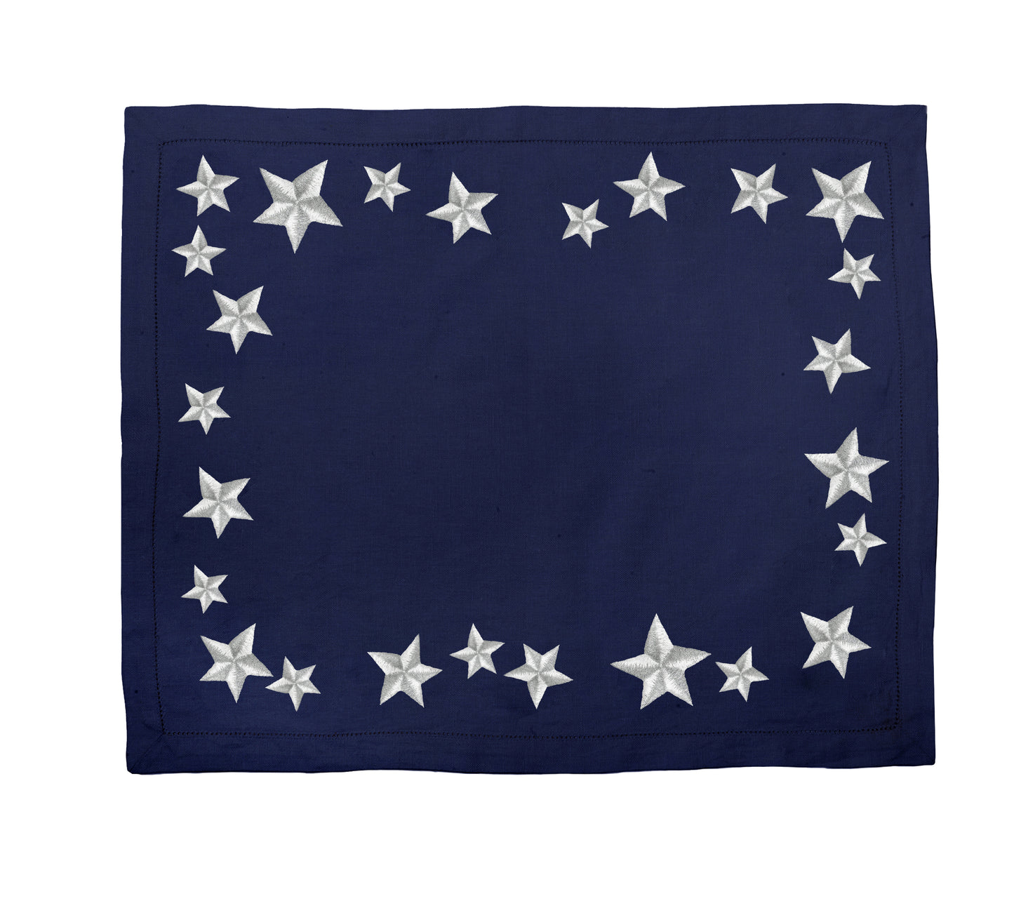Navy blue blanket with white stars arranged in a circular pattern ,Lucky Stars Linen Placemat – Hand Embroidered – Maison Holder

