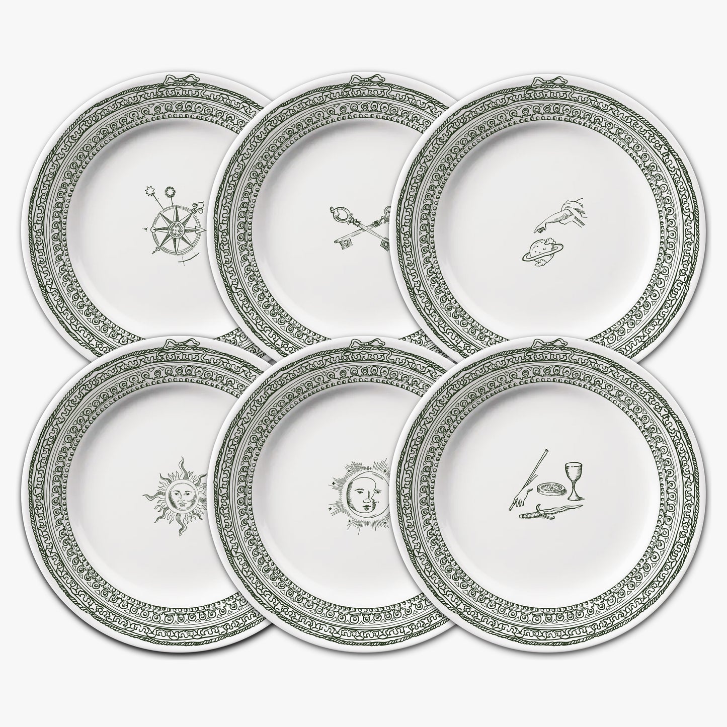 Set of five decorative plates with intricate designs and symbols on a white background, Château Set of 6 Large Plates – Limoges Porcelain – Maison Holder