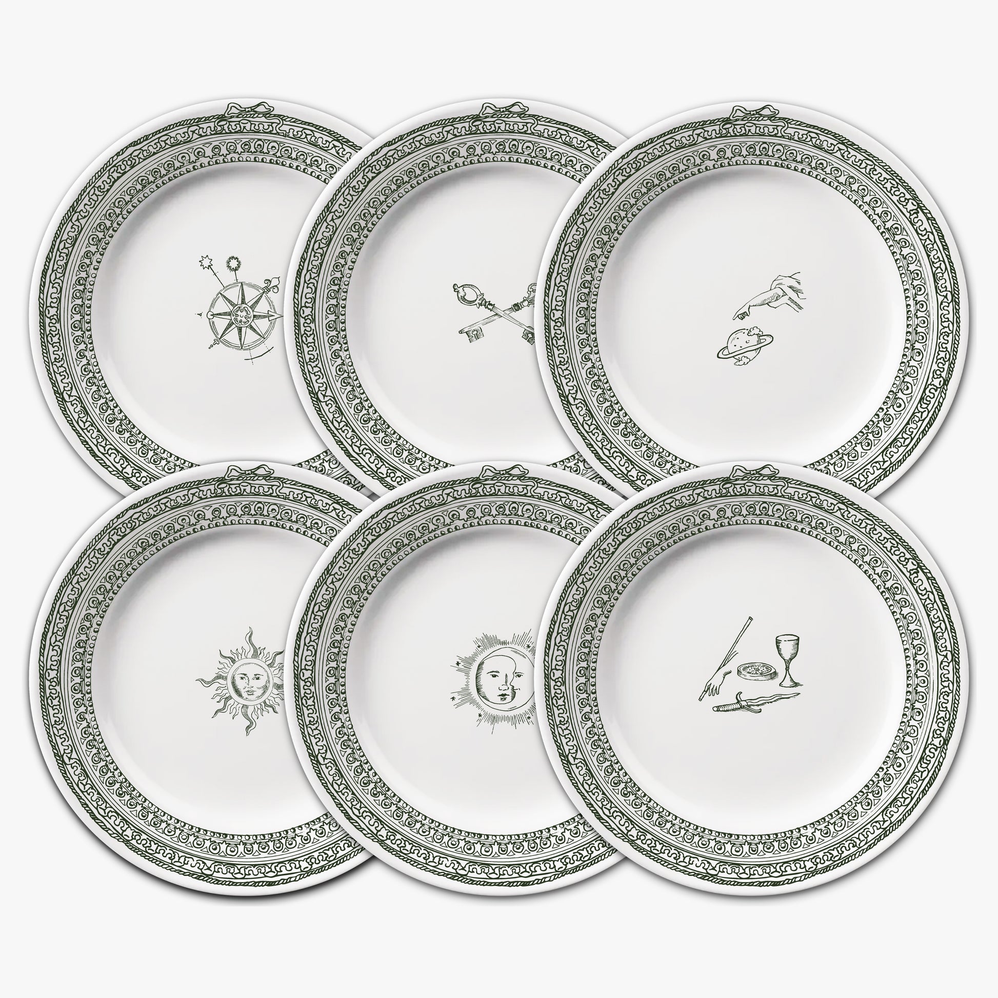 Set of five decorative plates with intricate designs and symbols on a white background, Château Set of 6 Large Plates – Limoges Porcelain – Maison Holder