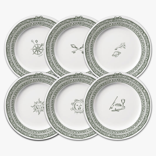 Set of five decorative plates with intricate designs and symbols on a white background, Château Set of 6 Large Plates – Limoges Porcelain – Maison Holder
