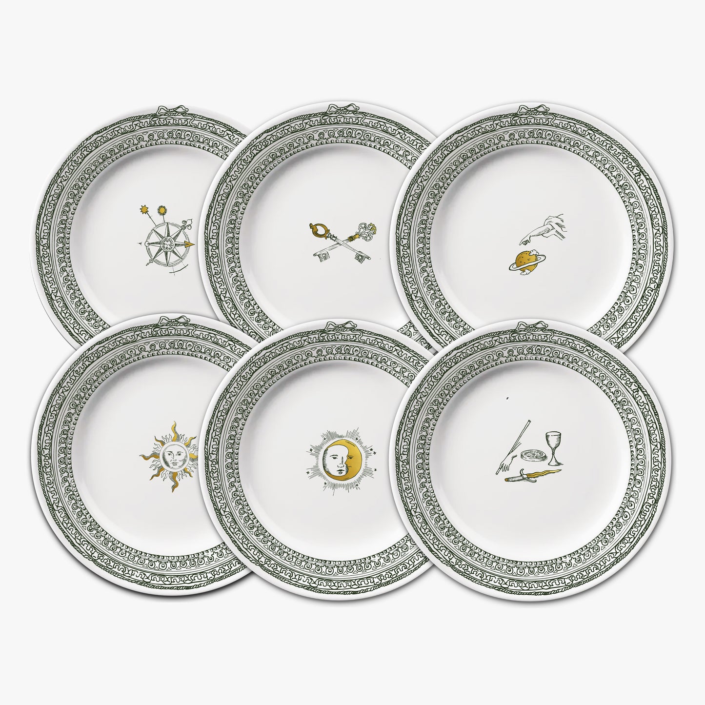 Set of six decorative plates with celestial designs on a white background, Château Set of 6 Small Plates – Limoges Porcelain – Maison Holder