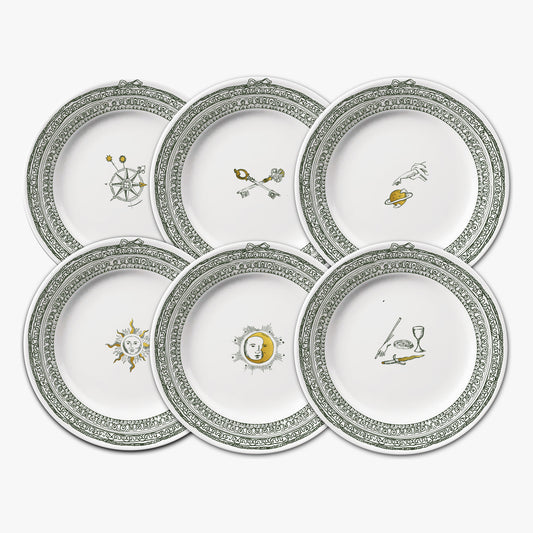 Set of six decorative plates with celestial designs on a white background, Château Set of 6 Small Plates – Limoges Porcelain – Maison Holder