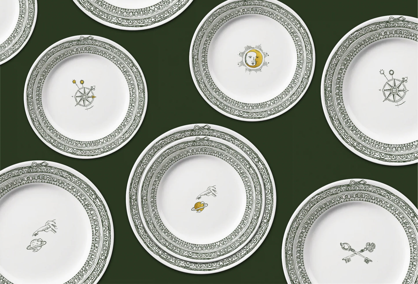Pattern of decorative plates with intricate designs on a dark green background, Château Set of 6 Small Plates – Limoges Porcelain – Maison Holder