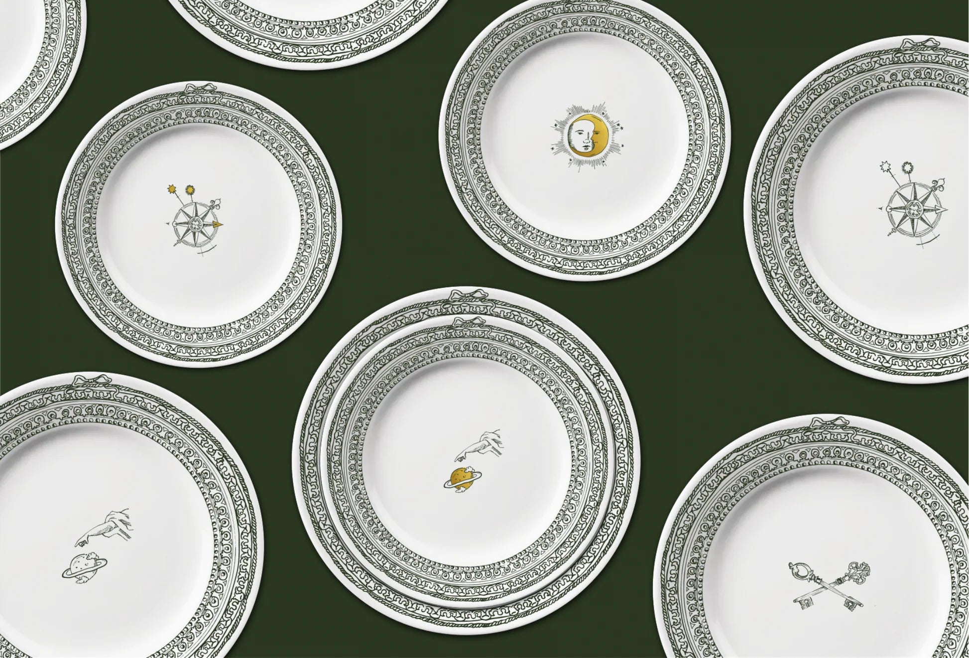 Pattern of decorative plates with intricate designs on a dark green background, Château Set of 6 Small Plates – Limoges Porcelain – Maison Holder