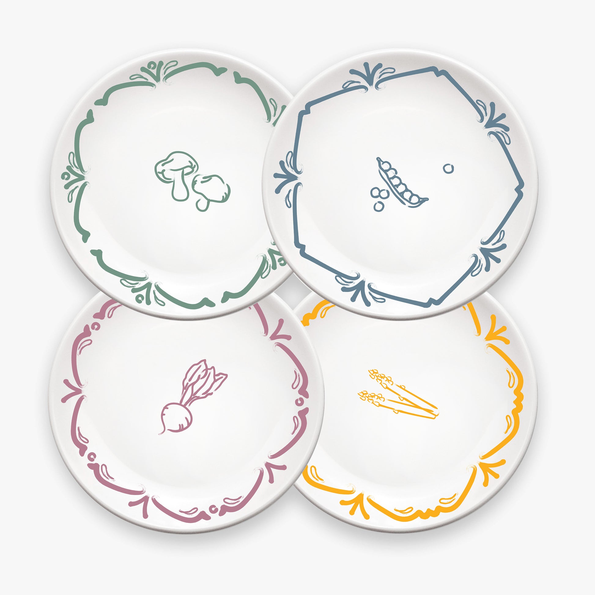 Four decorative plates with different patterns on a white background, Veggies Plate by waww