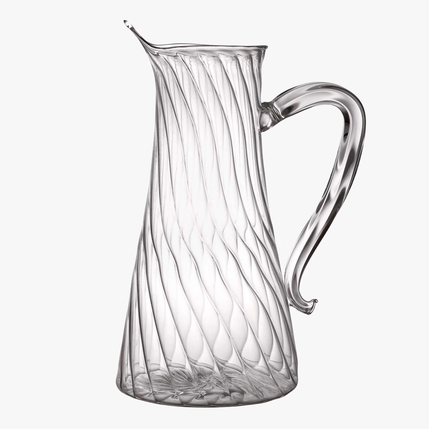 Clear glass pitcher with wavy design on a white background, Nabucho Water Carafe – Elegant Mouth-Blown Glass – Maison Holder