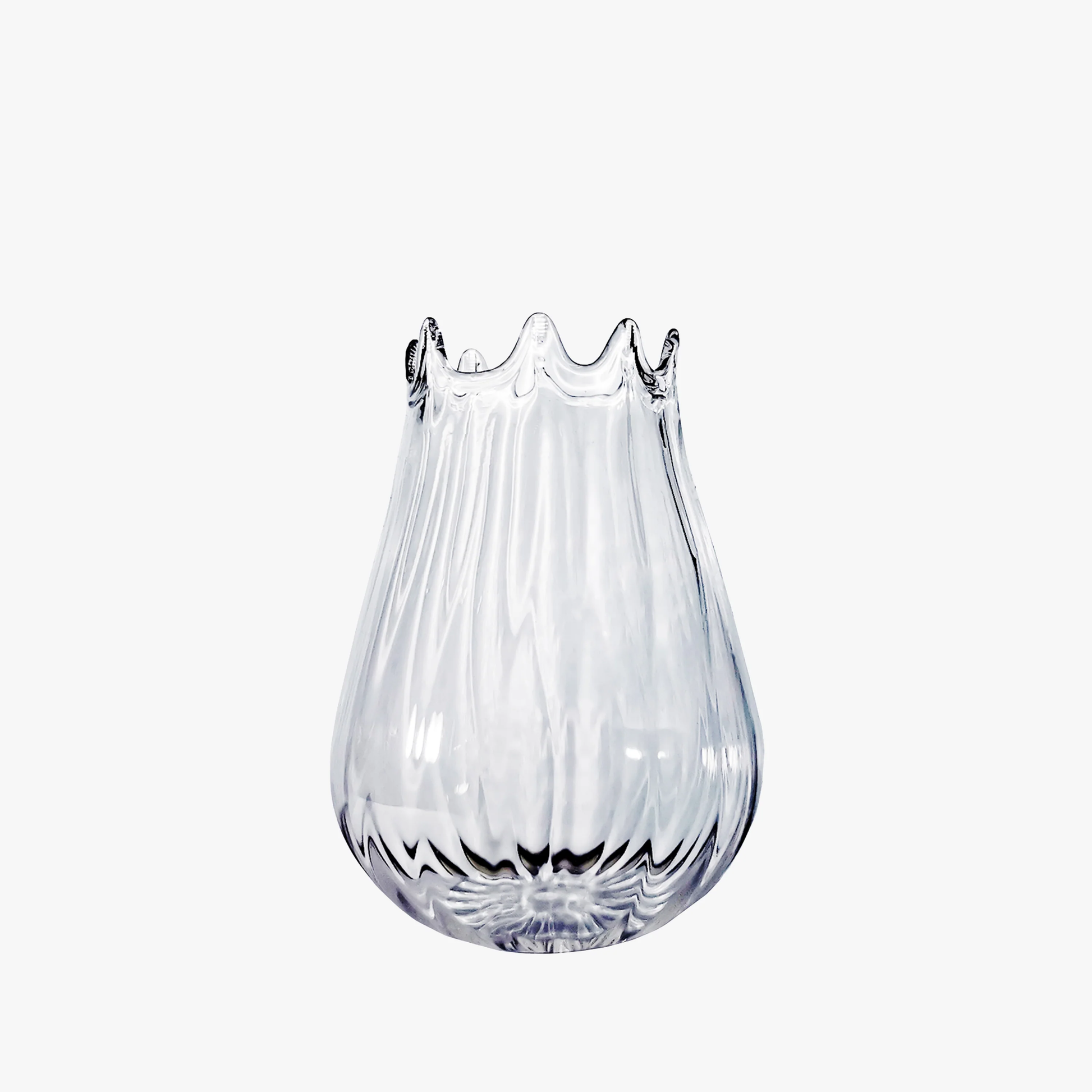 Clear glass vase with textured design on a white background, Nabucho Straight Small Vase – Mouth-Blown Glass Elegance – Maison Holder