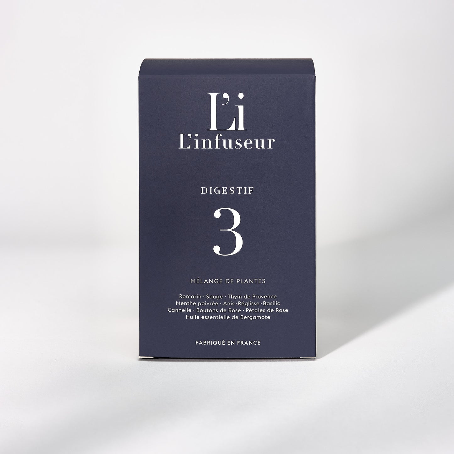 Dark blue box with 'L'infuseur' branding on a light gray background. Herbal Tea Digestif N°3 by L'Infuseur – Thyme & Rosemary