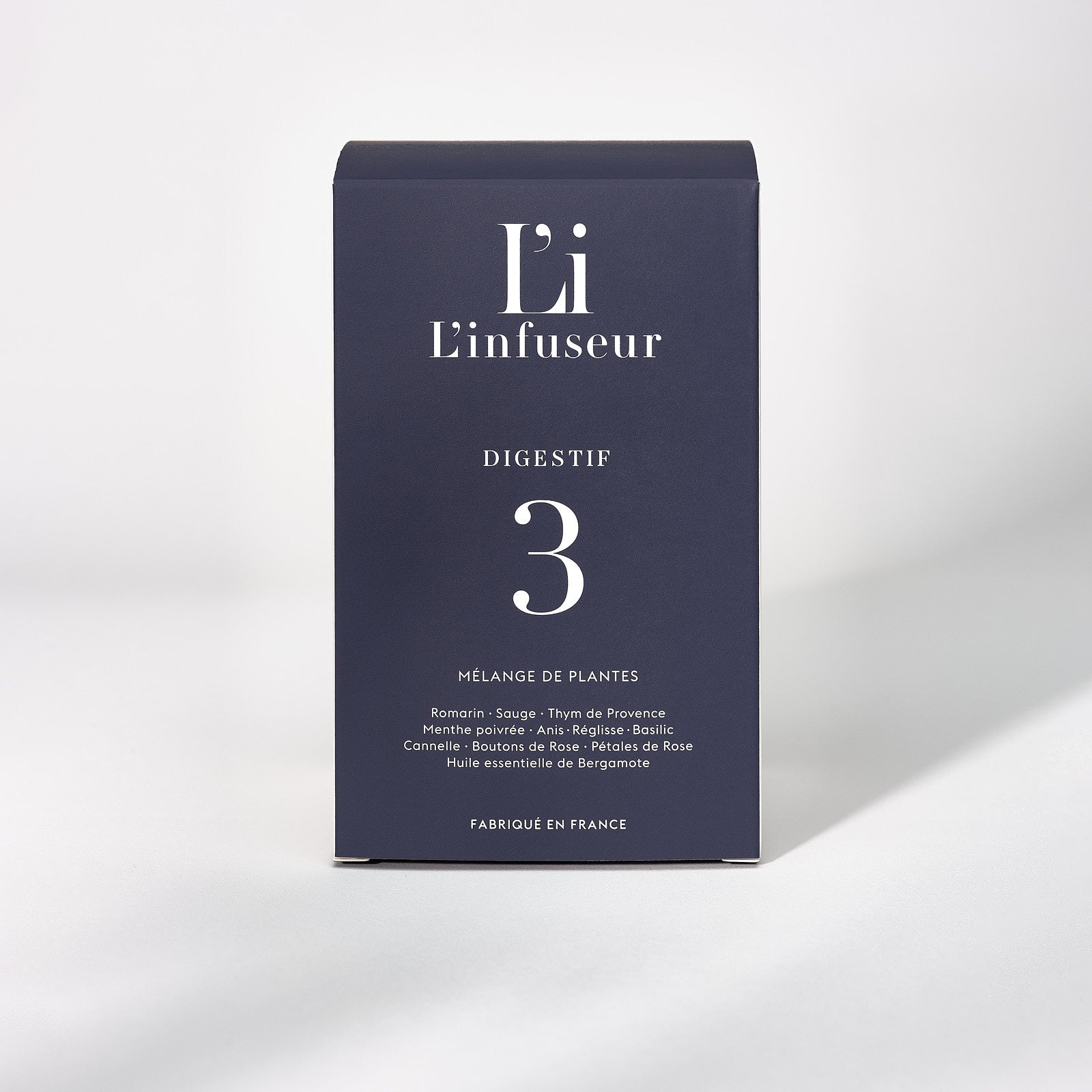 Dark blue box with 'L'infuseur' branding on a light gray background. Herbal Tea Digestif N°3 by L'Infuseur – Thyme & Rosemary